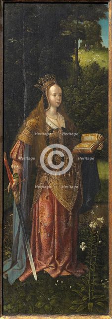 Saint Catherine. Holy Family with Angels and Saints Catherine and Barbara (Triptych), 16th cen. Creator: Master of Hoogstraeten (active ca. 1500).