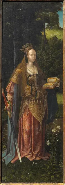 Saint Catherine. Holy Family with Angels and Saints Catherine and Barbara (Triptych), 16th cen. Creator: Master of Hoogstraeten (active ca. 1500)