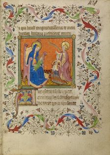 Saint Catherine Presenting a Kneeling Woman to the Virgin and Child; Book of Hours, about 1400-1410. Creator: Unknown