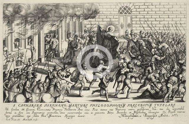 Saint Catherine protects Charles IV during the Pisan popular revolt in May 1355. Artist: Küsel, Matthäus (1629-1681)