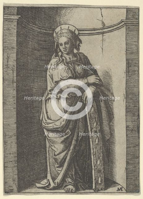 Saint Catherine standing in a niche, resting on a wheel, her instrument of tortur..., ca. 1500-1527. Creator: Marcantonio Raimondi.