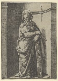 Saint Catherine standing in a niche, resting on a wheel, her instrument of tortur..., ca. 1500-1527. Creator: Marcantonio Raimondi