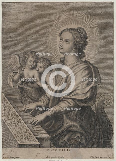 Saint Cecilia playing the organ with two putti at left, ca. 1654-77. Creator: Adriaen Lommelin.