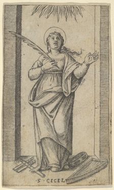 Saint Cecilia standing holding a palm of martyrdom in her right hand, from the se..., ca. 1500-1527. Creator: Marcantonio Raimondi
