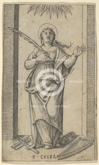 Saint Cecilia standing holding a palm of martyrdom in her right hand, from the se..., ca. 1500-1527. Creator: Marcantonio Raimondi.
