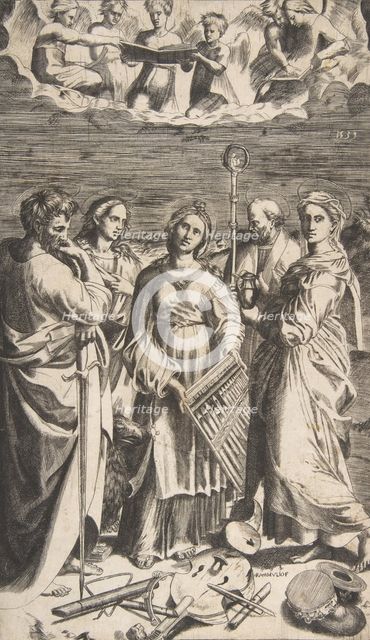 Saint Cecilia standing in the centre accompanied by Saint Paul, the Magdalene, Saint John ..., 1531. Creator: Giulio Bonasone.