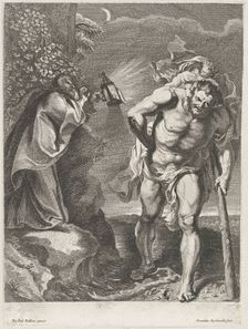Saint Christopher carrying the Christ child across a stream, another man holding a ..., ca. 1636-80. Creator: Remoldus Eynhoudts