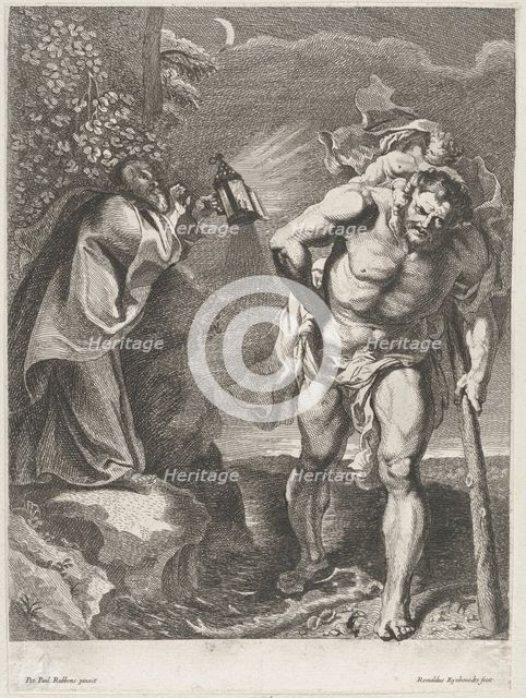Saint Christopher carrying the Christ child across a stream, another man holding a ..., ca. 1636-80. Creator: Remoldus Eynhoudts.