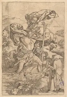 Saint Christopher crossing the river with Christ in the form of a putto on his sh..., ca. 1500-1534. Creator: Marcantonio Raimondi