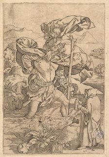 Saint Christopher crossing the river with Christ in the form of a putto on his sh..., ca. 1500-1534. Creator: Marcantonio Raimondi