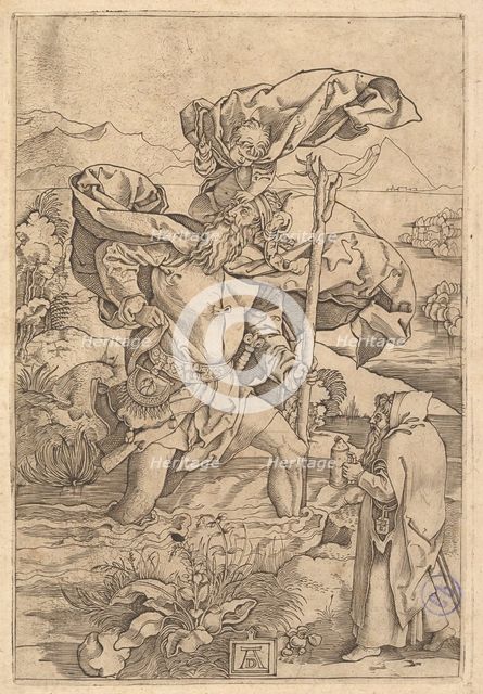 Saint Christopher crossing the river with Christ in the form of a putto on his sh..., ca. 1500-1534. Creator: Marcantonio Raimondi.