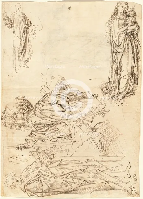 Saint Christopher, Saint John the Baptist, the Virgin and Child, and Christ Blessing (recto), 1485/1 Creator: Master of the Drapery Studies.