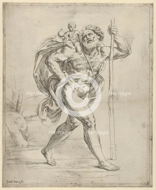 Saint Christopher walking with the infant Christ on his right shoulder, ca. 1600-1640. Creator: Guido Reni.