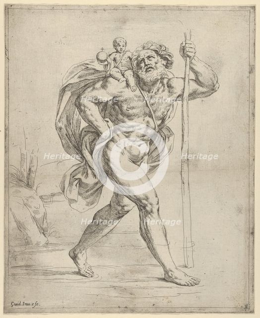 Saint Christopher walking with the infant Christ on his right shoulder, ca. 1600-1640. Creator: Guido Reni.
