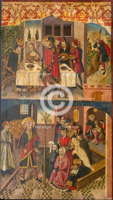 Saint Christopher Taking Leave of the King Who Feared Satan; Saint Christopher and His Converts... Creator: Martín de Soria.