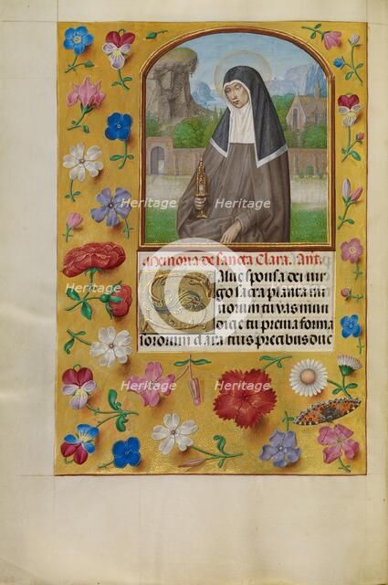Saint Clara with a Monstrance; Spinola Hours, about 1510-1520. Creator: Workshop of Master of the First Prayer Book of Maximilian.