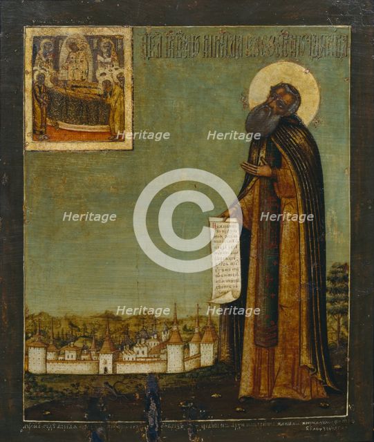Saint Cyril of White Lake with View of the Kirillo-Belozersky Monastery, 18th century. Artist: Russian icon  
