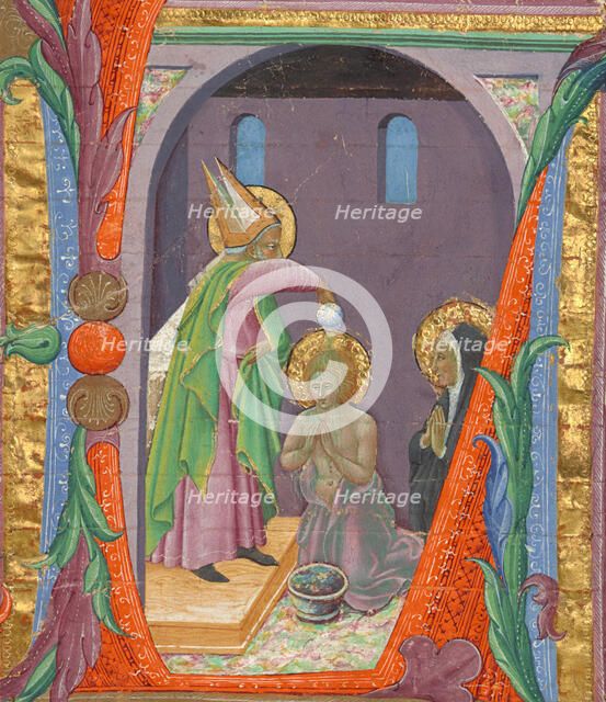 Saint Ambrose baptising Saint Augustine, Cutting from a Choir Book, about 1430.  Creator: Master of the Osservanza Triptych.