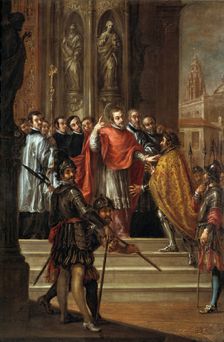 Saint Ambrose denies Theodosius entry to his Church, c1673. Creator: Juan de Valdés Leal
