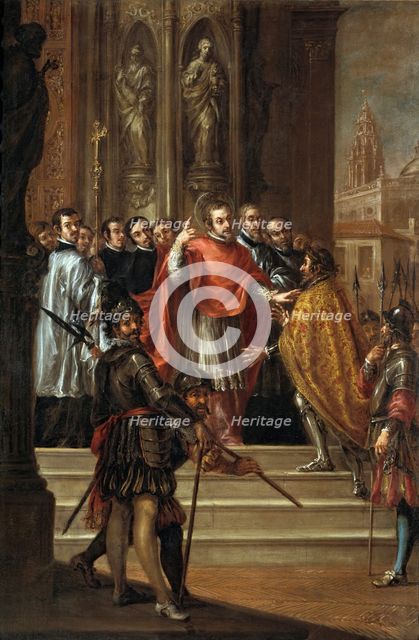 Saint Ambrose denies Theodosius entry to his Church, c1673.  Creator: Juan de Valdés Leal.