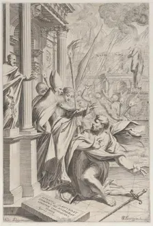 Saint Ambrose repelling Emperor Theodosius, 1652-1711. Creator: Johann Jakob Thurneysen the Elder