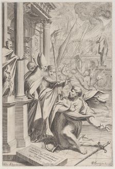 Saint Ambrose repelling Emperor Theodosius, 1652-1711. Creator: Johann Jakob Thurneysen the Elder