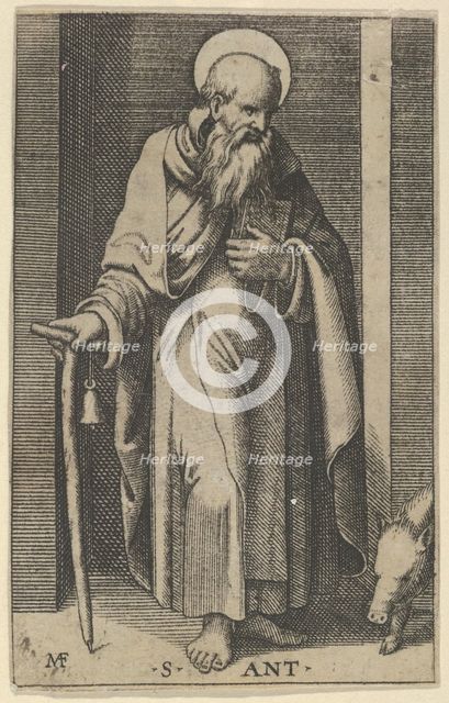Saint Anthony, a staff in his right hand, from the series 'Piccoli Santi' (Small ..., ca. 1500-1527. Creator: Marcantonio Raimondi.