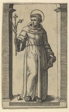 Saint Anthony of Padua standing, lilies in his raised right hand, a book in his ..., ca. 1500-1527. Creator: Marcantonio Raimondi