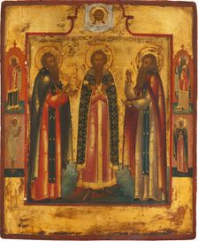 Saint Andrew of Smolensk (center), Daniel the Pilgrim (right) and the venerable..., Early 19th cen. Creator: Russian icon