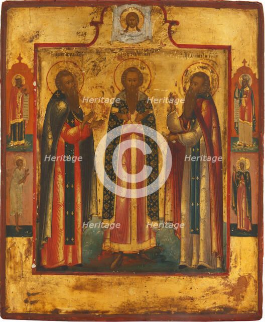 Saint Andrew of Smolensk (center), Daniel the Pilgrim (right) and the venerable..., Early 19th cen. Creator: Russian icon.
