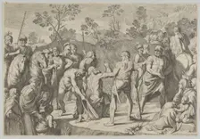 Saint Andrew kneeling in prayer as he is led to the cross, after Reni, 1650-80. Creator: Carlo Cesi