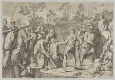 Saint Andrew kneeling in prayer as he is led to the cross, after Reni, 1650-80. Creator: Carlo Cesi