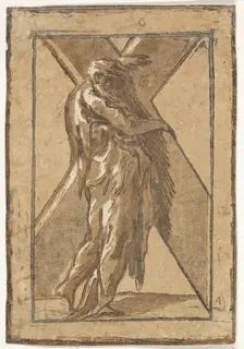 Saint Andrew standing in profile holding a large cross from a series of Twelve Apo..., ca. 1540-50. Creator: Unknown