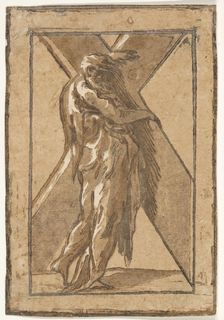 Saint Andrew standing in profile holding a large cross from a series of Twelve Apo..., ca. 1540-50. Creator: Unknown