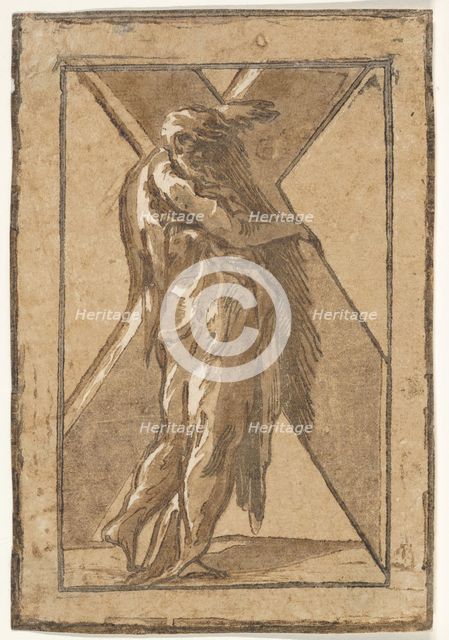 Saint Andrew standing in profile holding a large cross from a series of 'Twelve Apo..., ca. 1540-50. Creator: Unknown.