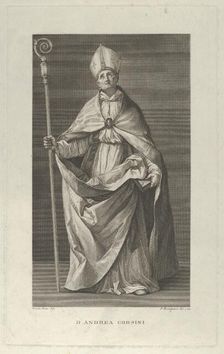 Saint Andrea Corsini dressed as Bishop of Fiesole, holding a crosier and looking ..., ca. 1780-1841. Creator: Francesco Rosaspina