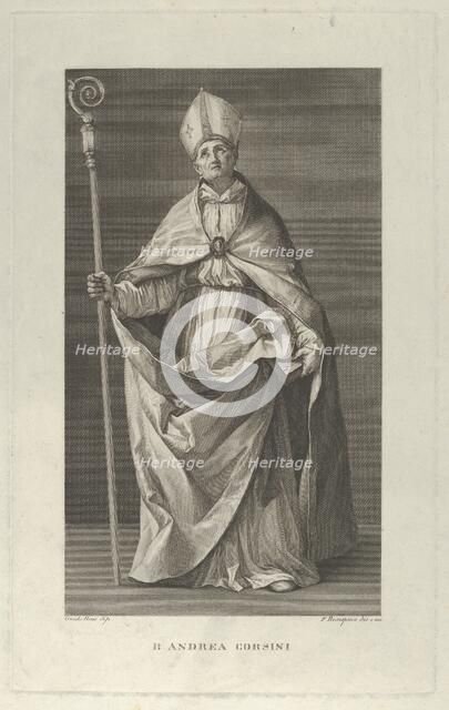 Saint Andrea Corsini dressed as Bishop of Fiesole, holding a crosier and looking ..., ca. 1780-1841. Creator: Francesco Rosaspina.