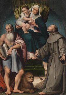 Saint Anna and the infant Christ enthroned between Saints Jerome and Francis, 1541. Creator: Bassano, Jacopo, il vecchio (ca. 1510-1592)