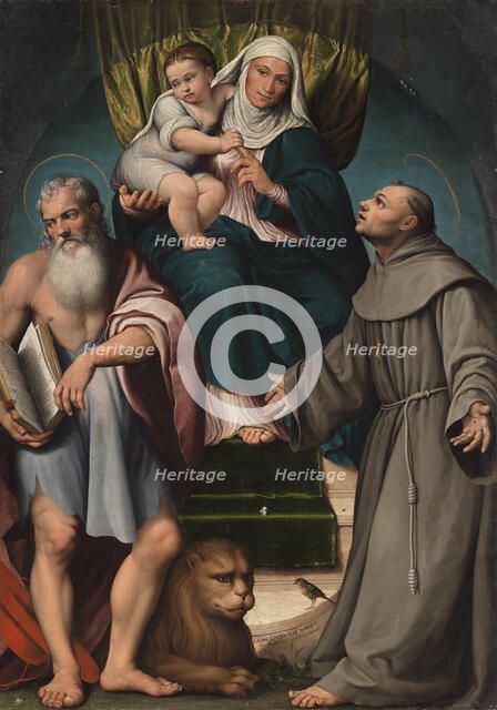 Saint Anna and the infant Christ enthroned between Saints Jerome and Francis, 1541. Creator: Bassano, Jacopo, il vecchio (ca. 1510-1592).