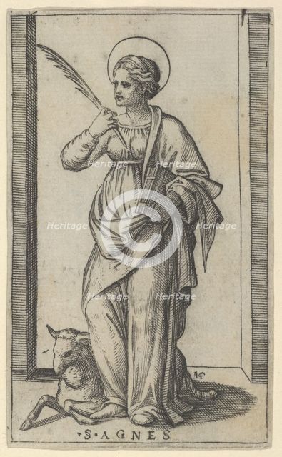 Saint Agnes standing a holding a palm in her right hand, a sheep lower left, from..., ca. 1500-1527. Creator: Marcantonio Raimondi.