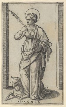 Saint Agnes standing a holding a palm in her right hand, a sheep lower left, from..., ca. 1500-1527. Creator: Marcantonio Raimondi