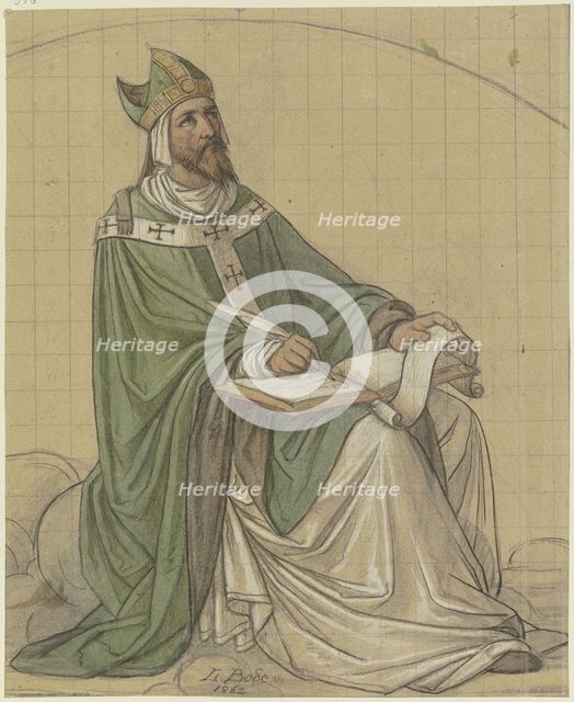 Saint Augustine sitting and writing in a book, 1862. Creator: Leopold Bode.