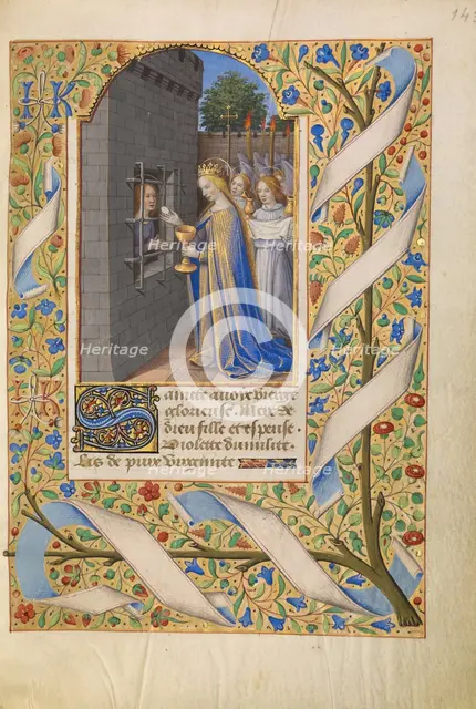 Saint Avia in Prison Receiving Communion from the Virgin; Katherine Hours, about 1480-1485. Creator: Jean Bourdichon.