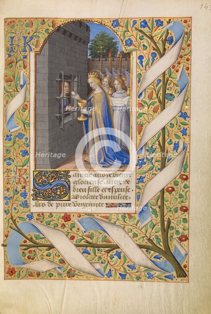 Saint Avia in Prison Receiving Communion from the Virgin; Katherine Hours, about 1480-1485. Creator: Jean Bourdichon.