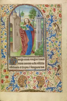 Saint Barbara with a Book and a Martyr's Palm before a Tower; Book of Hours, about 1466-1470. Creator: Master of Jacques of Luxembourg