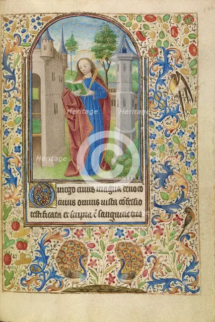 Saint Barbara with a Book and a Martyr's Palm before a Tower; Book of Hours, about 1466-1470. Creator: Master of Jacques of Luxembourg.