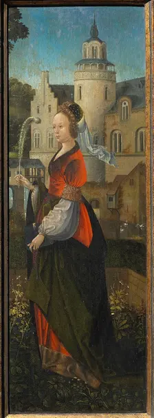 Saint Barbara. Holy Family with Angels and Saints Catherine and Barbara (Triptych), 16th cen. Creator: Master of Hoogstraeten (active ca. 1500)