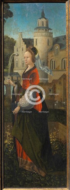 Saint Barbara. Holy Family with Angels and Saints Catherine and Barbara (Triptych), 16th cen. Creator: Master of Hoogstraeten (active ca. 1500).