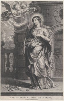 Saint Barbara holding palm leaves with a sword and flowers at her feet, two putti o..., ca. 1625-59. Creator: Boetius Adams Bolswert