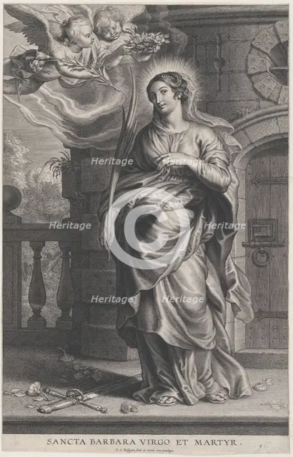 Saint Barbara holding palm leaves with a sword and flowers at her feet, two putti o..., ca. 1625-59. Creator: Boetius Adams Bolswert.
